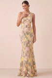 Yellow Floral Mermaid Ruched Long Formal Dress