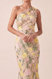 Yellow Floral Mermaid Ruched Long Formal Dress