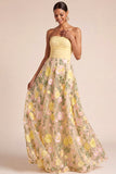 Light Yellow Floral A Line Long Formal Dress