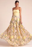 Light Yellow Floral A Line Long Formal Dress