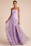 Lilac Floral A Line Appliqued Long Formal Dress with Slit