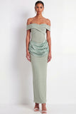 Dusty Sage Off the Shoulder Drape Waist Sheath Maxi Formal Dress