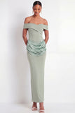 Dusty Sage Off the Shoulder Drape Waist Sheath Maxi Formal Dress
