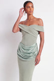 Dusty Sage Off the Shoulder Drape Waist Sheath Maxi Formal Dress