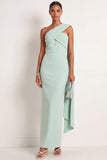Mint Green One Shoulder Sheath Maxi Formal Dress with Ribbon