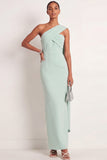 Mint Green One Shoulder Sheath Maxi Formal Dress with Ribbon