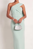 Mint Green One Shoulder Sheath Maxi Formal Dress with Ribbon