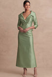 Sheath Satin Green Collar Neck Long Mother of the Bride Dress
