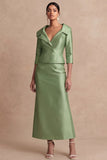 Sheath Satin Green Collar Neck Long Mother of the Bride Dress