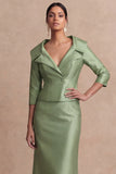 Sheath Satin Green Collar Neck Long Mother of the Bride Dress