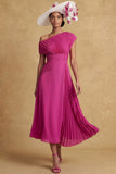 Pleated A Line Fuchsia One Shoulder Midi Mother of the Bride Dress