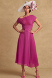 Pleated A Line Fuchsia One Shoulder Midi Mother of the Bride Dress