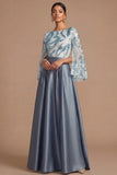 Dusty Blue A Line Flutter Sleeves Long Formal Dress with Sequins