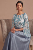 Dusty Blue A Line Flutter Sleeves Long Formal Dress with Sequins