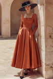 Terracotta A Line Square Neck Long Mother of the Bride Dress with Pockets