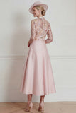Pink A Line Midi 3/4 Sleeves Mother of the Bride Dress with Sequins