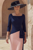 Navy and Pink Mermaid Square Neck Long Mother of the Bride Dress