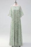 Light Green Floral A Line Long Mother of the Brides Dress with Sleeves