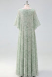 Light Green Floral A Line Long Mother of the Brides Dress with Sleeves