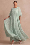 Light Green Floral A Line Long Mother of the Brides Dress with Sleeves