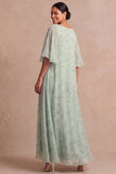 Light Green Floral A Line Long Mother of the Brides Dress with Sleeves