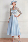 Light Blue Floral A Line Half Sleeves Midi Mother of the Bride Dress