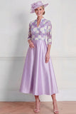 A Line Lilac Floral Appliqued Midi Mother of the Bride Dress