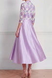 A Line Lilac Floral Appliqued Midi Mother of the Bride Dress