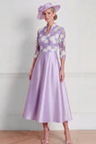 A Line Lilac Floral Appliqued Midi Mother of the Bride Dress
