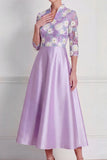 A Line Lilac Floral Appliqued Midi Mother of the Bride Dress