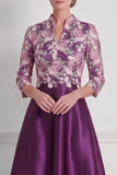 Dark Purple Floral A Line Appliqued Midi Mother of the Bride Dress