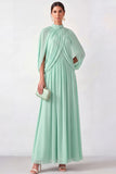 Mini Green High Neck Pleated Long Mother of the Bride Dress