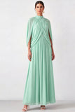 Mini Green High Neck Pleated Long Mother of the Bride Dress