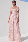 Pink Sequined Floral A Line Long Prom Dress with Sleeves