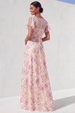 Pink Sequined Floral A Line Long Prom Dress with Sleeves