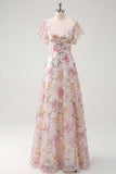 Pink Sequined Floral A Line Long Prom Dress with Sleeves