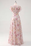 Pink Sequined Floral A Line Long Prom Dress with Sleeves