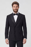 2 Piece Double Breasted Black Peak Lapel Men's Prom Suits with Beading