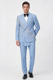 Light Blue Shawl Lapel 2 Piece Double Breasted Men's Prom Suits with Beading