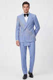 Light Blue Shawl Lapel 2 Piece Double Breasted Men's Prom Suits with Beading