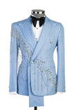 Light Blue Shawl Lapel 2 Piece Double Breasted Men's Prom Suits with Beading