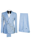 Light Blue Shawl Lapel 2 Piece Double Breasted Men's Prom Suits with Beading