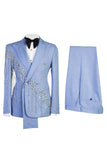 Light Blue Shawl Lapel 2 Piece Double Breasted Men's Prom Suits with Beading