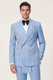 Light Blue Shawl Lapel 2 Piece Double Breasted Men's Prom Suits with Beading