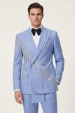 Light Blue Shawl Lapel 2 Piece Double Breasted Men's Prom Suits with Beading