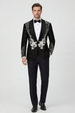 One Button Beaded 2 Piece Black Shawl Lapel Men's Wedding Suits