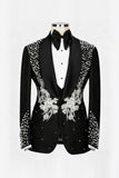 One Button Beaded 2 Piece Black Shawl Lapel Men's Wedding Suits