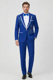 Blue Notch Lapel Beaded Men's One Button Prom Suits