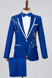 Blue Notch Lapel Beaded Men's One Button Prom Suits