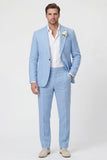 Sky Blue Peak Lapel 2 Piece Linen Blend Men's Wedding Suits with Pockets